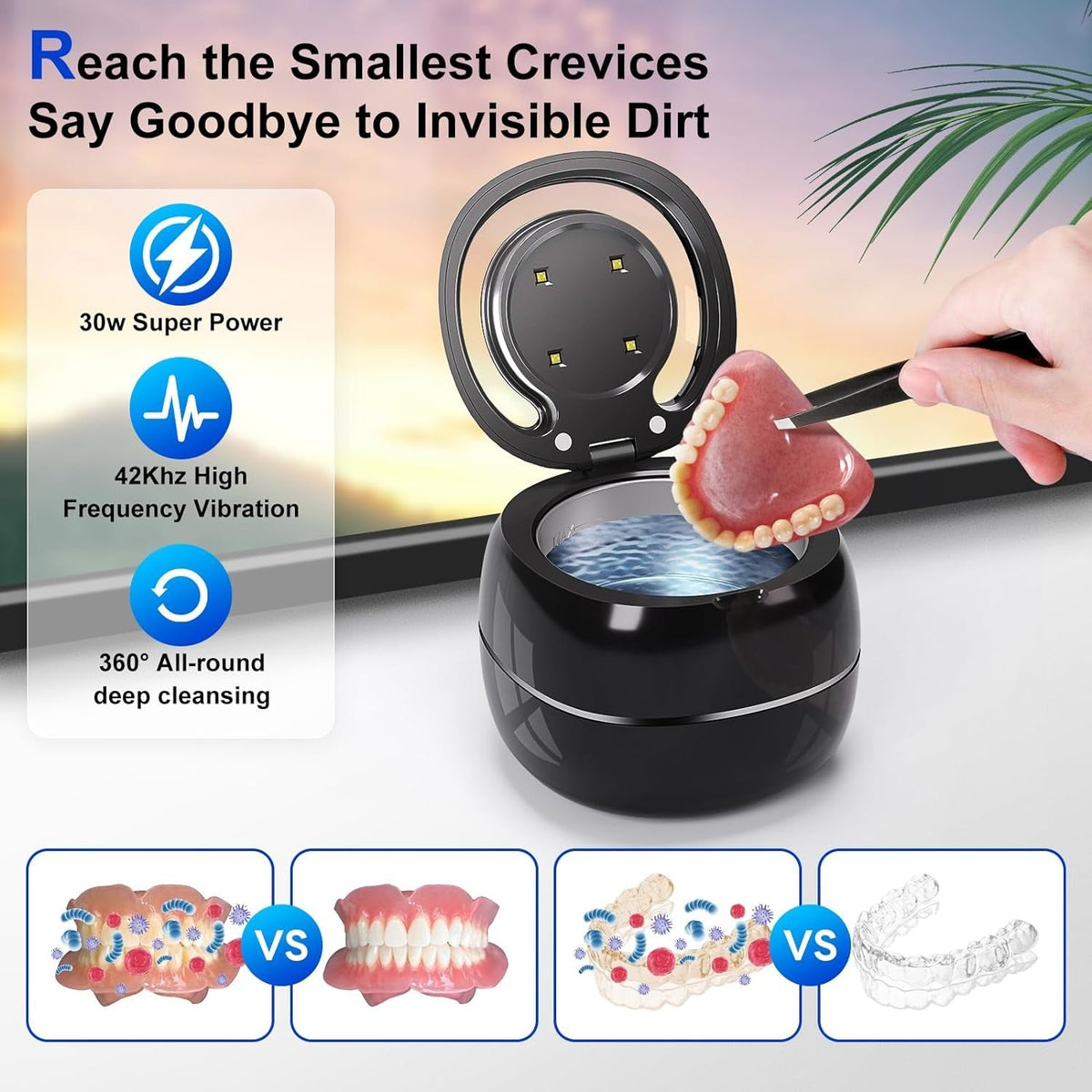 Ultrasonic Retainer Cleaner, 30W/42kHz Professional Ultrasonic Jewelry Cleaner, 180ML Portable Retainer Cleaner Machine for Dentures, Retainer, Aligner, Braces, Mouth Guard(Black) Soilphu