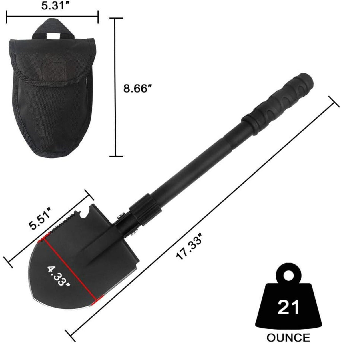 Camping Shovel,Shovel Folding, Portable, Multitool, Foldable Entrenching Tool, Collapsible Spade, for Backpacking, Trenching, Hiking, Survival, Car Emergency (Basic E-Tool) Soilphu