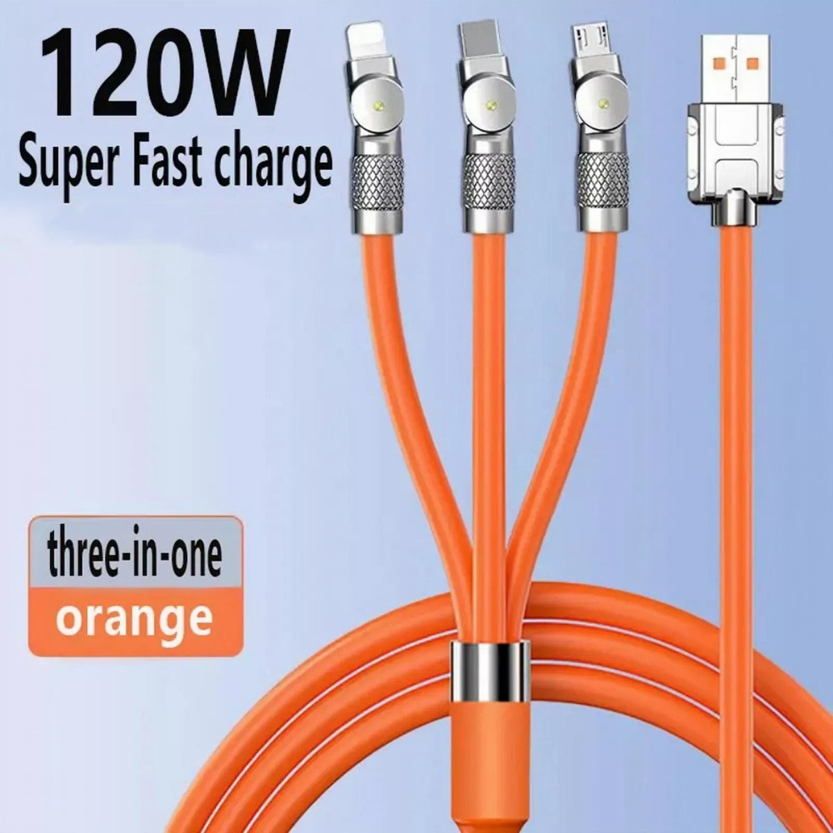 3 in 1 Super Fast Charge Max.120W, Switch Charging Positions Freely, 6ft Thick Silicone Orange Soilphu