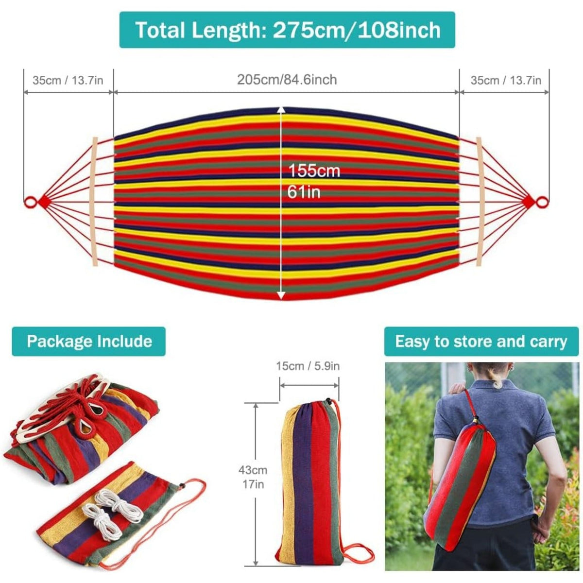 Camping Hammock 550lb Upgraded Thickened 320G Durable Canvas Fabric Single Hammocks with Two Anti Roll Balance Beam and Sturdy Metal Knot Tree Straps for Camping, Patio, Backyard, Outdoor Soilphu