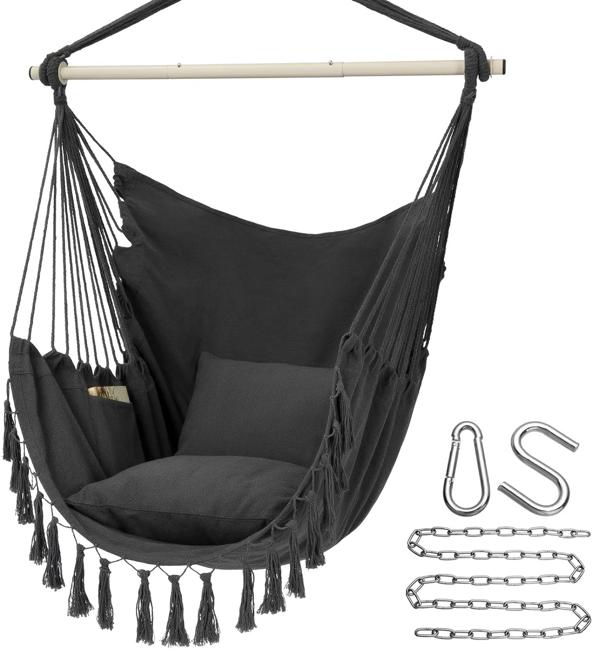 Hammock Chair Hanging Rope Swing, Max 500 Lbs, 2 Cushions Included, Large Macrame Hanging Chair with Pocket for Superior Comfort, with Hardware Kit, Soilphu