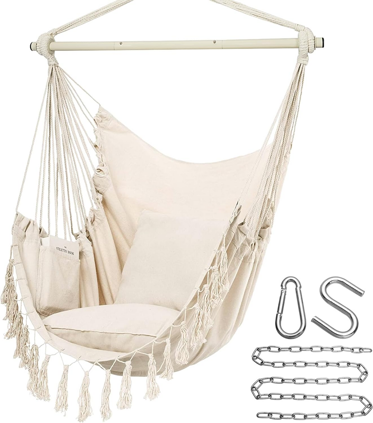 Hammock Chair Hanging Rope Swing, Max 500 Lbs, 2 Cushions Included, Large Macrame Hanging Chair with Pocket for Superior Comfort, with Hardware Kit, Soilphu