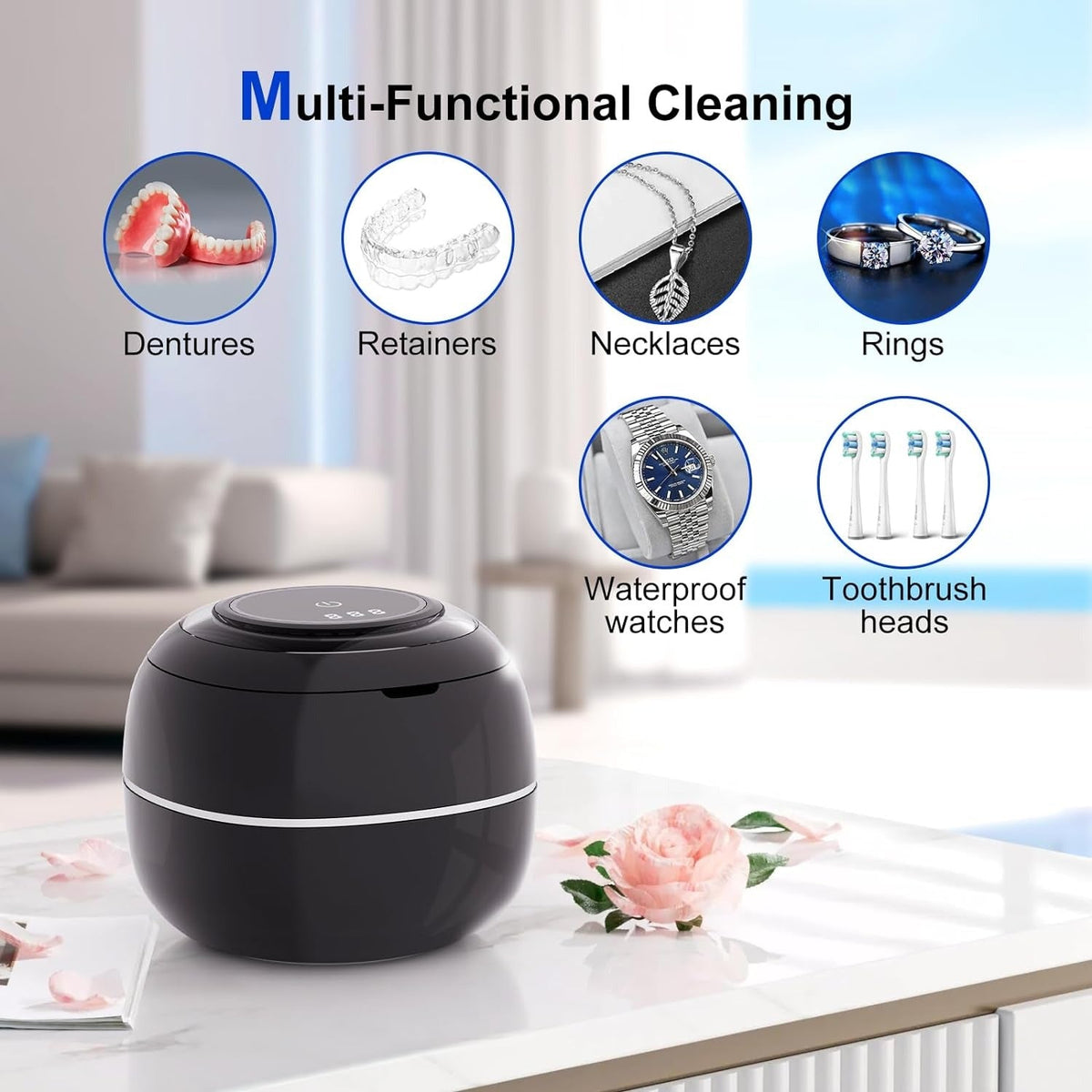 Ultrasonic Retainer Cleaner, 30W/42kHz Professional Ultrasonic Jewelry Cleaner, 180ML Portable Retainer Cleaner Machine for Dentures, Retainer, Aligner, Braces, Mouth Guard(Black) Soilphu