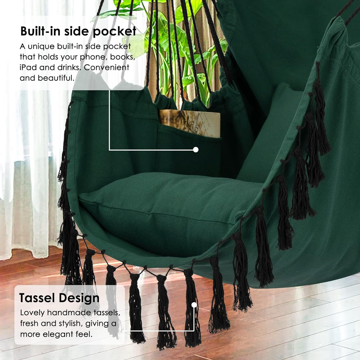 Hammock Chair Hanging Rope Swing, Max 500 Lbs, 2 Cushions Included, Large Macrame Hanging Chair with Pocket for Superior Comfort, with Hardware Kit, Soilphu