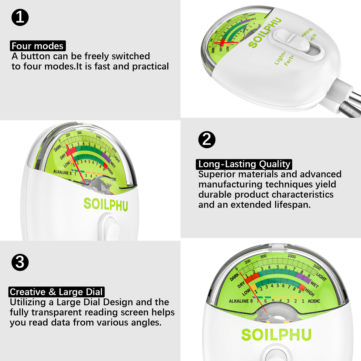 4 in 1 Soil Meter for pH, Moisture,Light & Fertility Testing