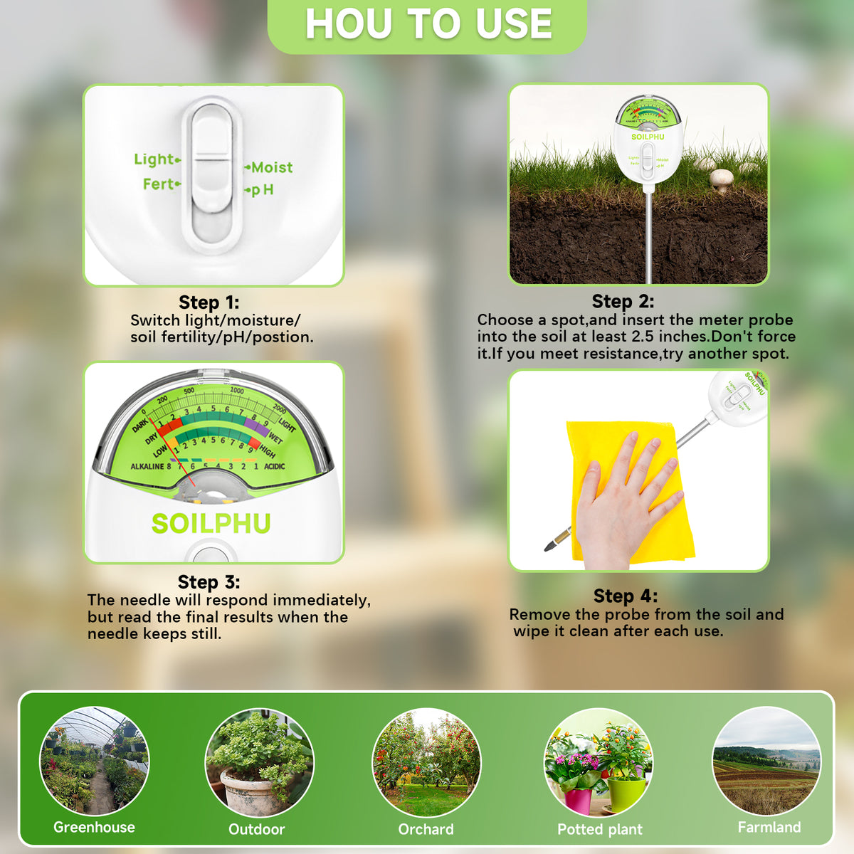 4 in 1 Soil Meter for pH, Moisture,Light & Fertility Testing