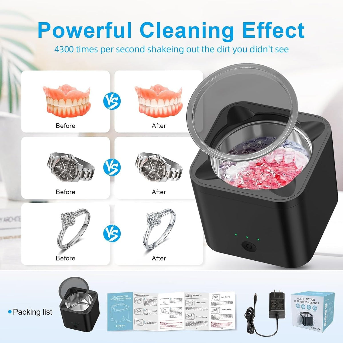 Ultrasonic Retainer Cleaner Machine, 42-45kHz Ultra Sonic Cleaning Pod for Mouth Guard Denture, 190ml Professional Ultrasonic Jewelry Cleaner Soilphu