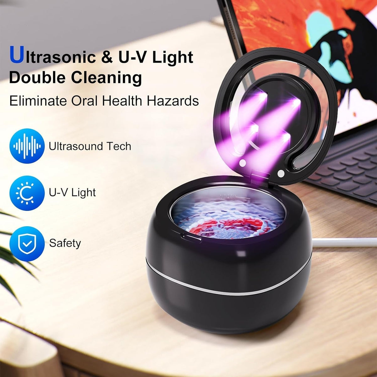 Ultrasonic Retainer Cleaner, 30W/42kHz Professional Ultrasonic Jewelry Cleaner, 180ML Portable Retainer Cleaner Machine for Dentures, Retainer, Aligner, Braces, Mouth Guard(Black) Soilphu