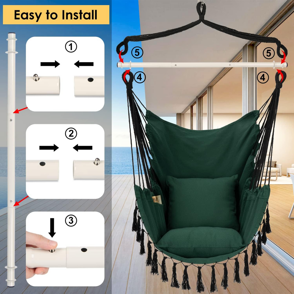 Hammock Chair Hanging Rope Swing, Max 500 Lbs, 2 Cushions Included, Large Macrame Hanging Chair with Pocket for Superior Comfort, with Hardware Kit, Soilphu