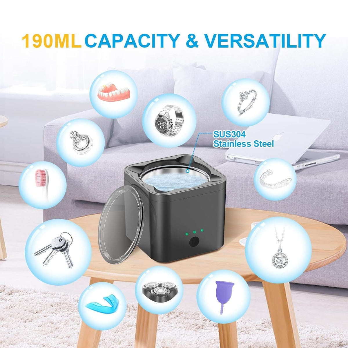 Ultrasonic Retainer Cleaner Machine, 42-45kHz Ultra Sonic Cleaning Pod for Mouth Guard Denture, 190ml Professional Ultrasonic Jewelry Cleaner Soilphu