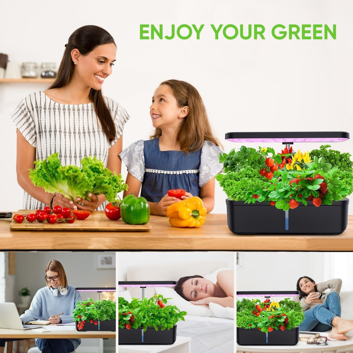 Hydroponics Growing System 12 Pods Indoor Herb Garden with 36W LED Grow Light, Height Adjustable Indoor Grow Kit Countertop Garden Automatic Timer Black Soilphu