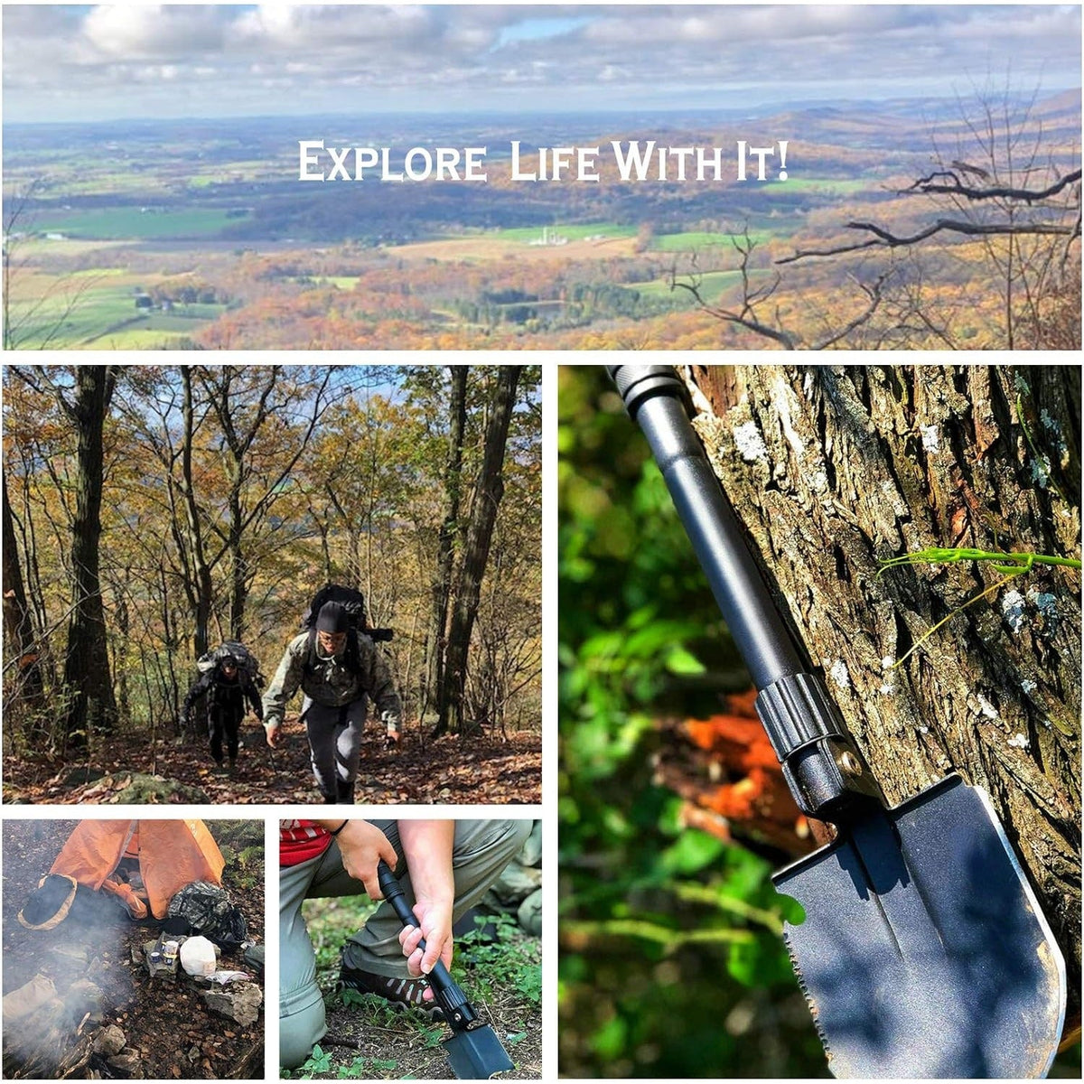 Camping Shovel,Shovel Folding, Portable, Multitool, Foldable Entrenching Tool, Collapsible Spade, for Backpacking, Trenching, Hiking, Survival, Car Emergency (Basic E-Tool) Soilphu