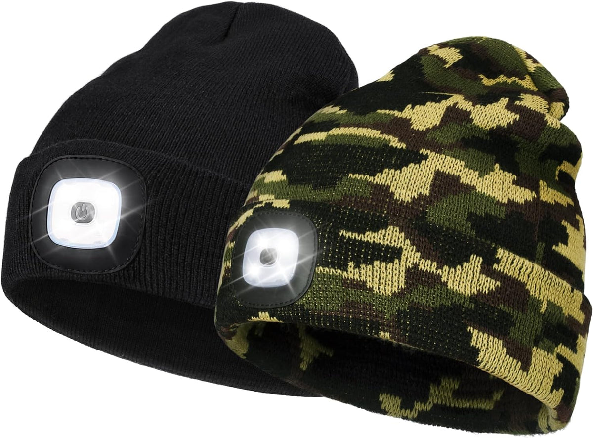 2 Pack LED Beanie with Light, Unisex USB Rechargeable Winter LED Headlamp Hat, Christmas Gifts for Men Husband Him Women Soilphu