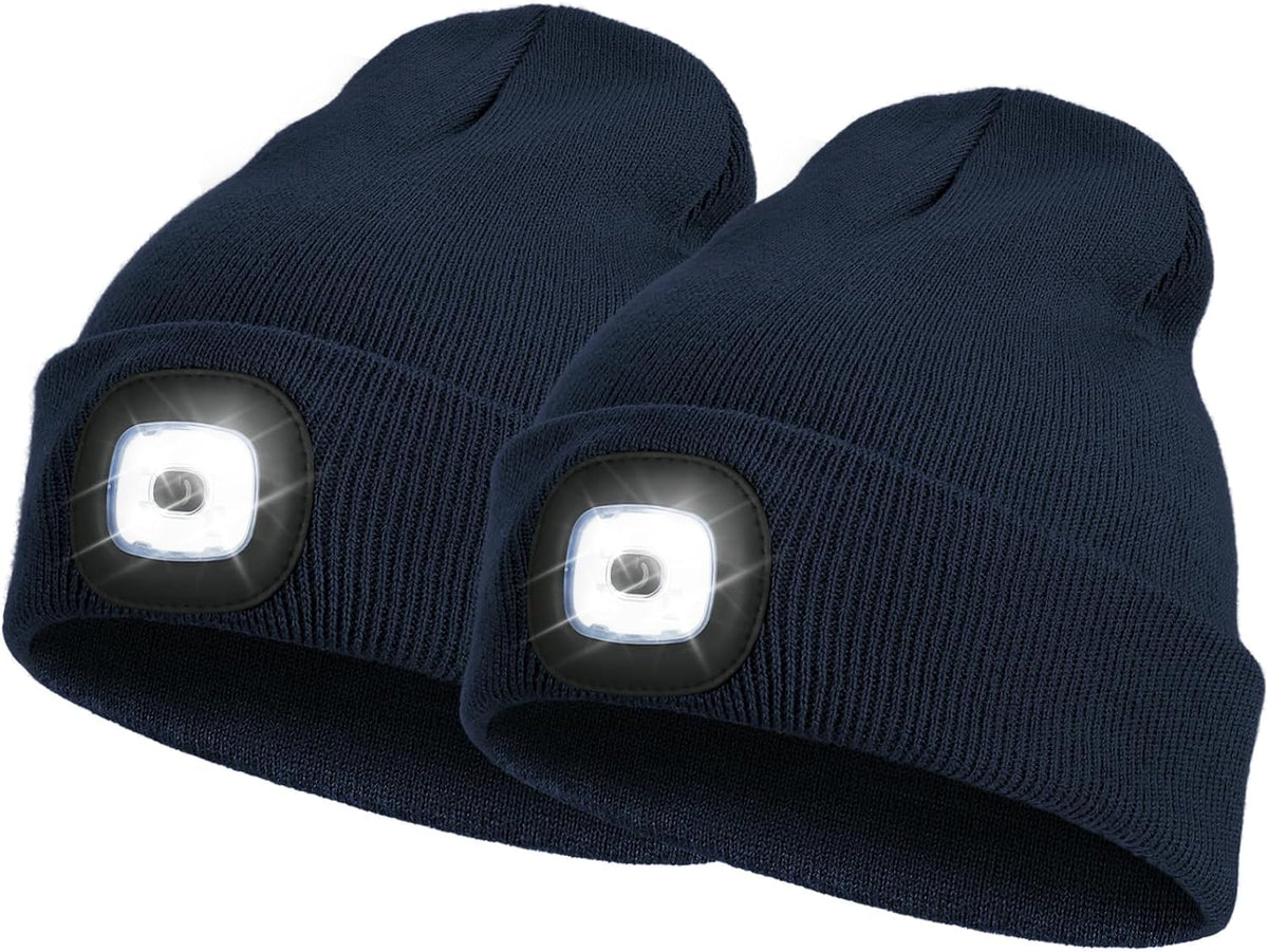 2 Pack LED Beanie with Light, Unisex USB Rechargeable Winter LED Headlamp Hat, Christmas Gifts for Men Husband Him Women Soilphu