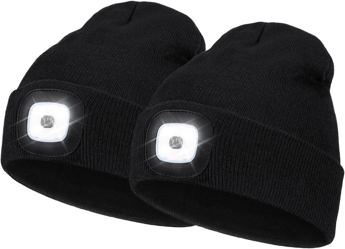 2 Pack LED Beanie with Light, Unisex USB Rechargeable Winter LED Headlamp Hat, Christmas Gifts for Men Husband Him Women Soilphu
