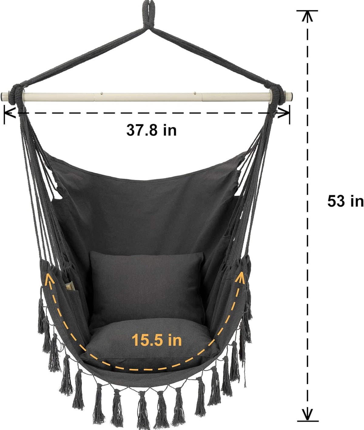 Hammock Chair Hanging Rope Swing, Max 500 Lbs, 2 Cushions Included, Large Macrame Hanging Chair with Pocket for Superior Comfort, with Hardware Kit, Soilphu