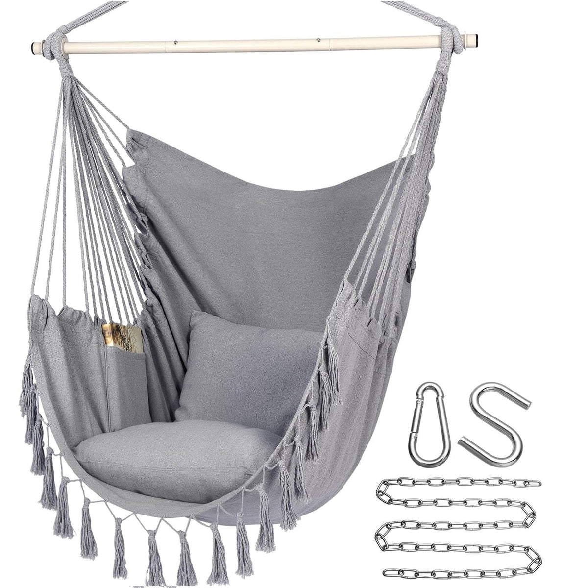 Hammock Chair Hanging Rope Swing, Max 500 Lbs, 2 Cushions Included, Large Macrame Hanging Chair with Pocket for Superior Comfort, with Hardware Kit, Soilphu