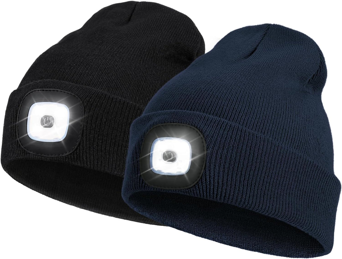 2 Pack LED Beanie with Light, Unisex USB Rechargeable Winter LED Headlamp Hat, Christmas Gifts for Men Husband Him Women Soilphu