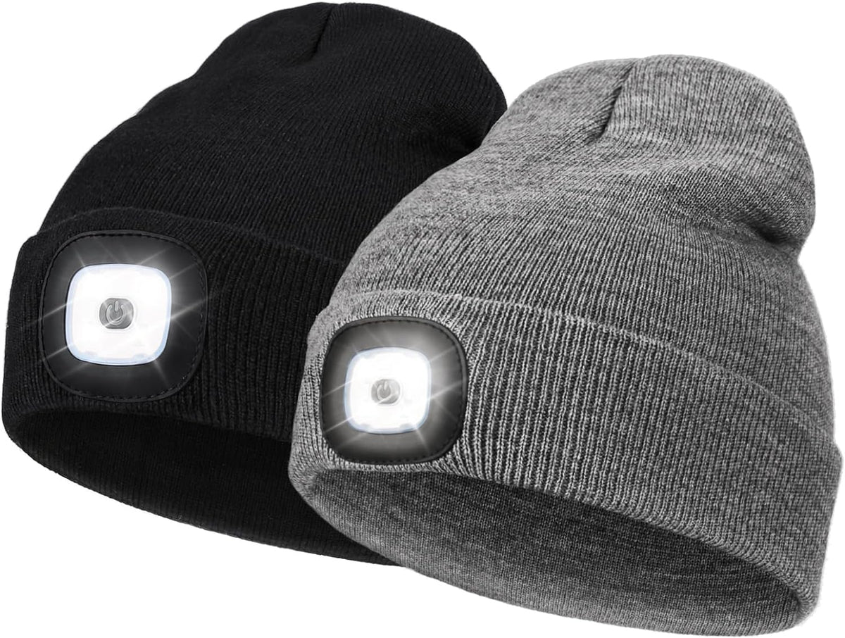 2 Pack LED Beanie with Light, Unisex USB Rechargeable Winter LED Headlamp Hat, Christmas Gifts for Men Husband Him Women Soilphu