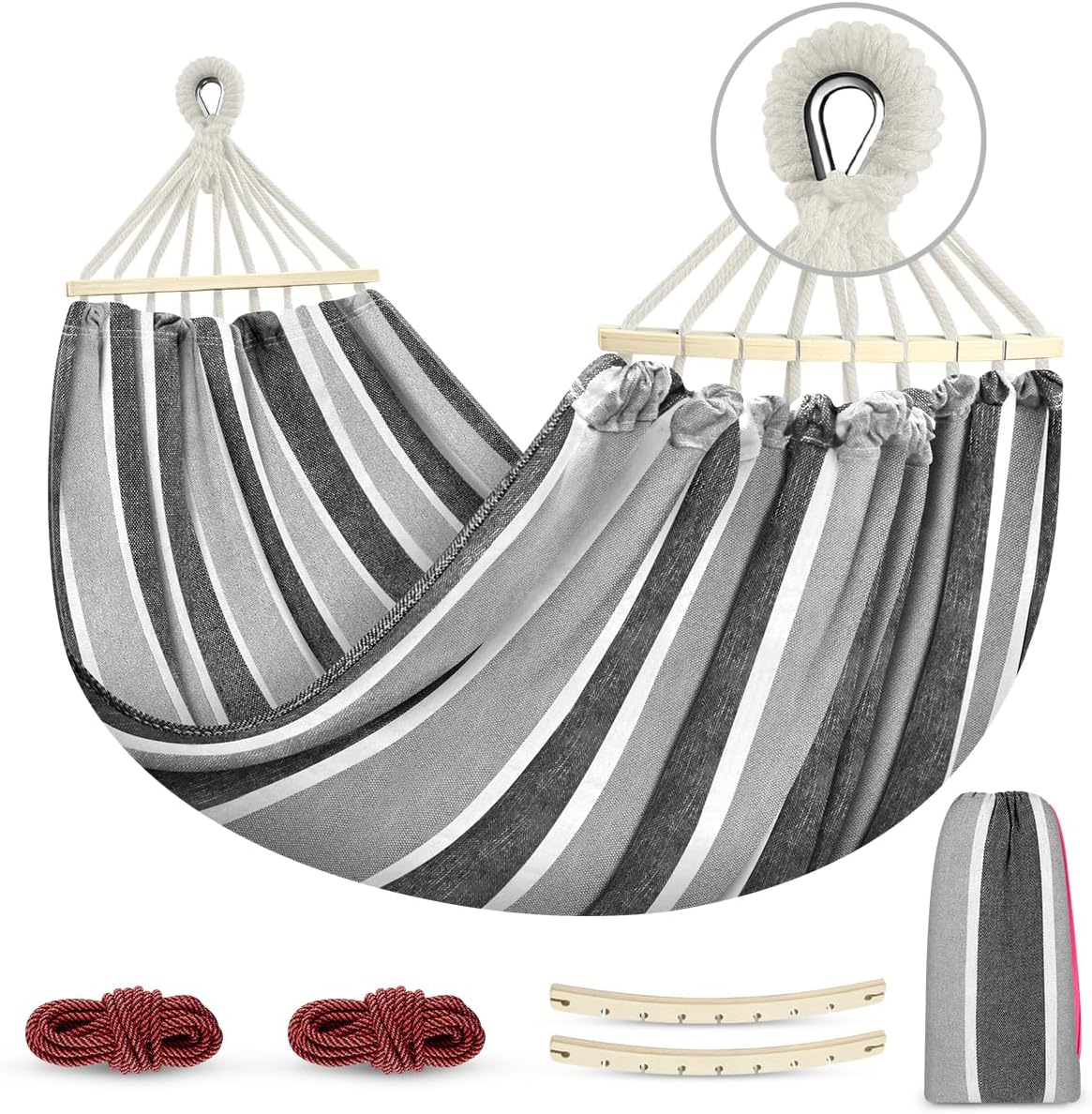 Camping Hammock 550lb Upgraded Thickened 320G Durable Canvas Fabric Single Hammocks with Two Anti Roll Balance Beam and Sturdy Metal Knot Tree Straps for Camping, Patio, Backyard, Outdoor Soilphu