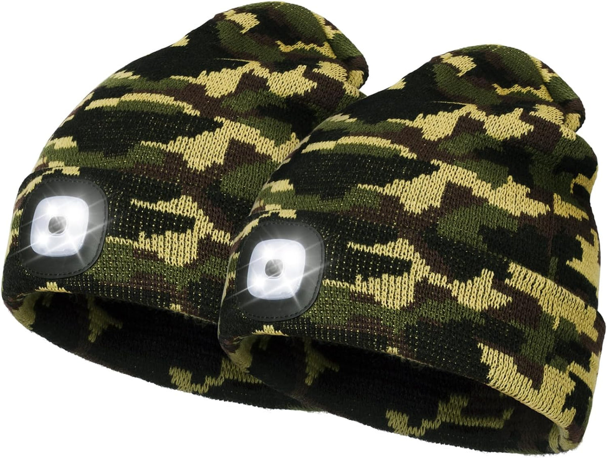 2 Pack LED Beanie with Light, Unisex USB Rechargeable Winter LED Headlamp Hat, Christmas Gifts for Men Husband Him Women Soilphu