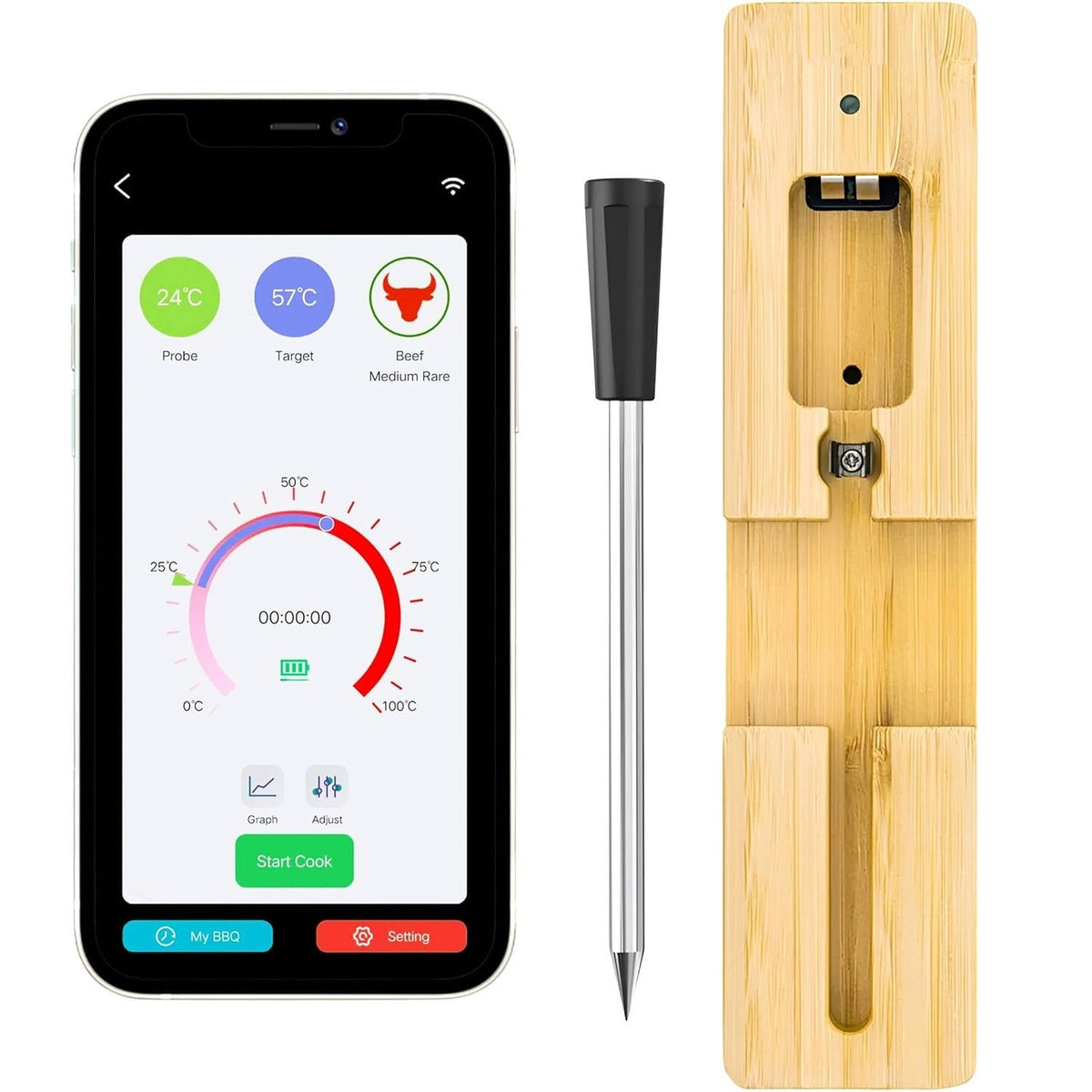 Smart Wireless Meat Thermometer - IPX7 Waterproof Ultra-Thin Probe | Bluetooth App-Controlled Digital Food Thermometer for BBQ Smoker, Kitchen Grilling Oven & Rotisserie with 165ft Range Soilphu