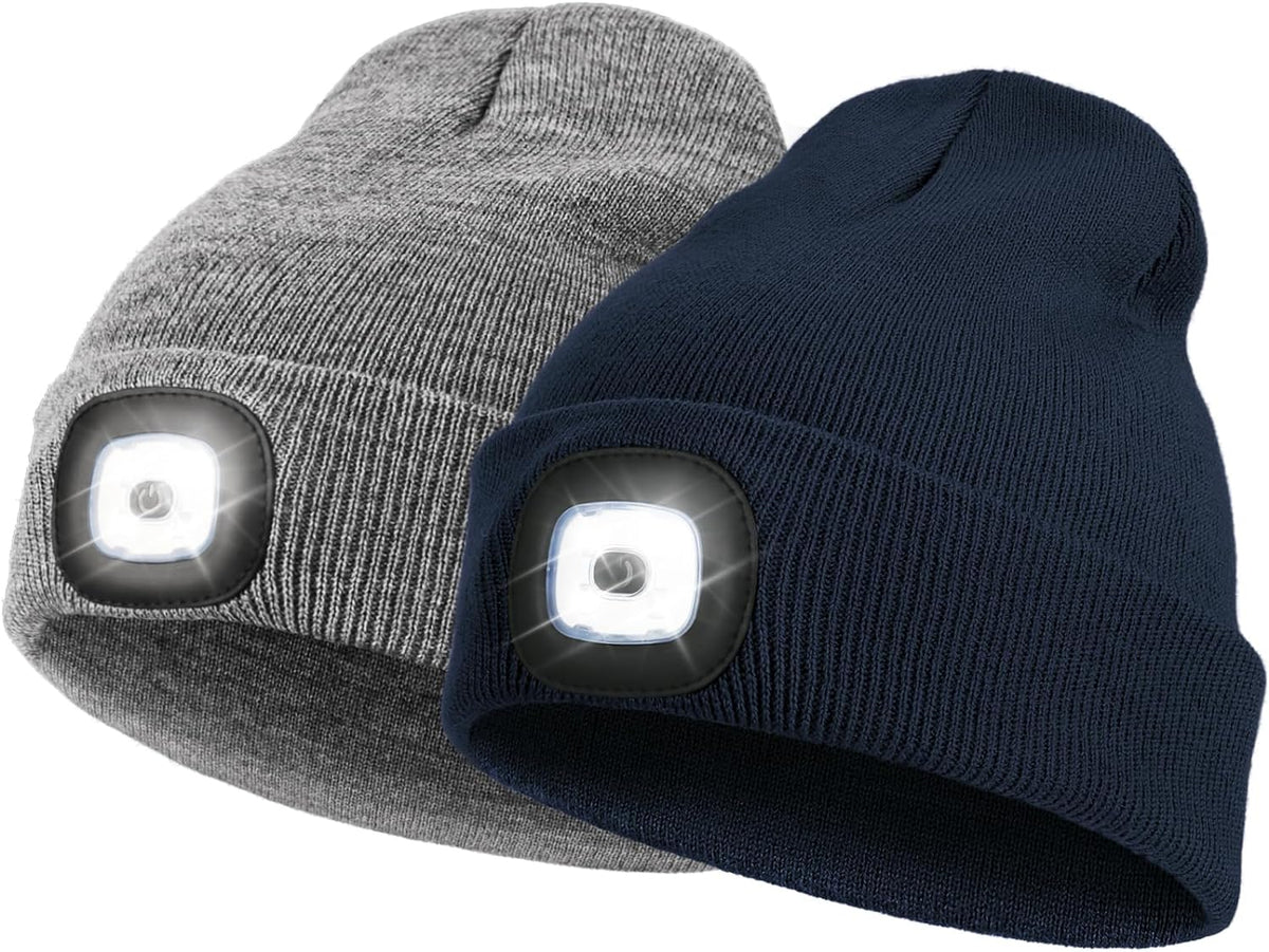 2 Pack LED Beanie with Light, Unisex USB Rechargeable Winter LED Headlamp Hat, Christmas Gifts for Men Husband Him Women Soilphu
