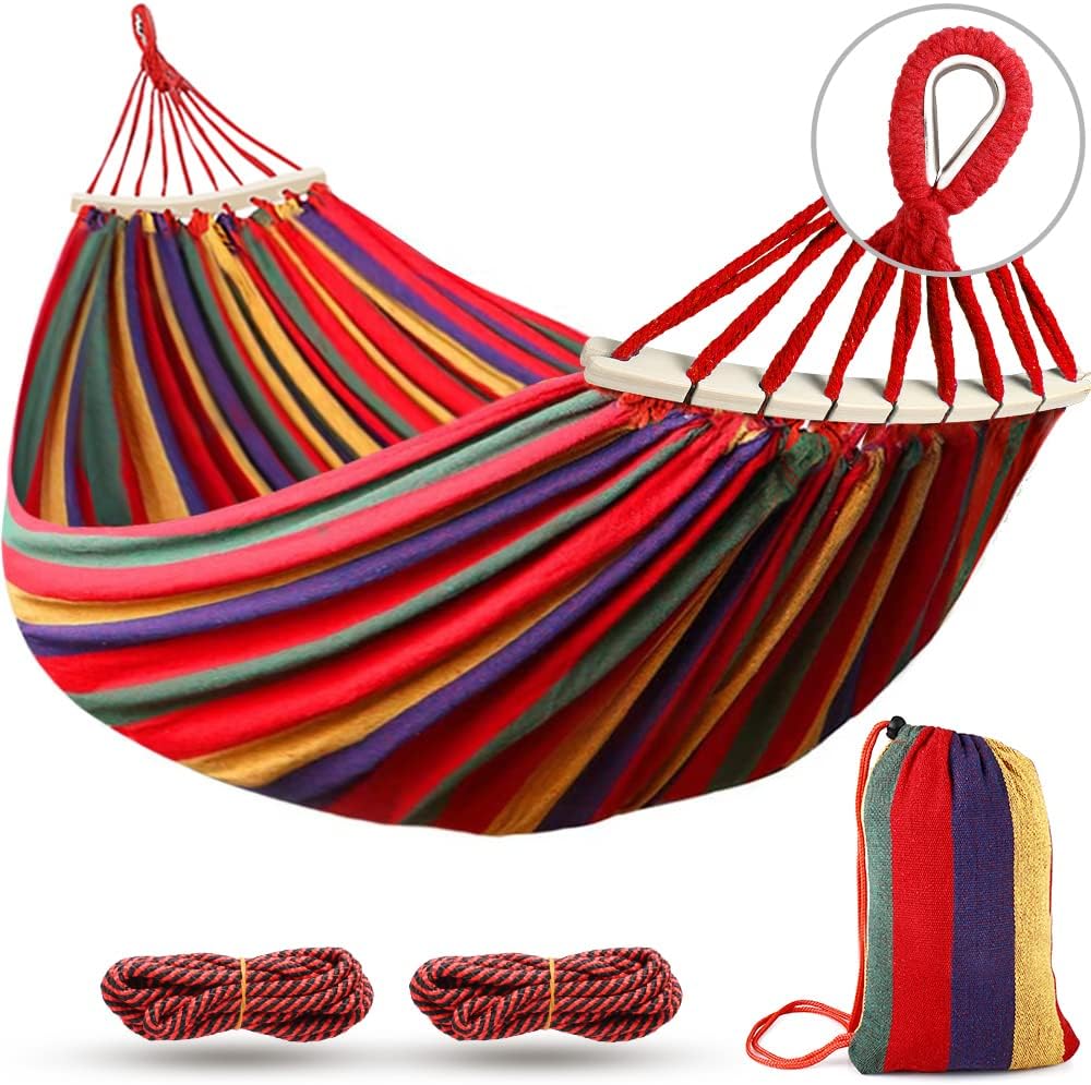 Camping Hammock 550lb Upgraded Thickened 320G Durable Canvas Fabric Single Hammocks with Two Anti Roll Balance Beam and Sturdy Metal Knot Tree Straps for Camping, Patio, Backyard, Outdoor Soilphu