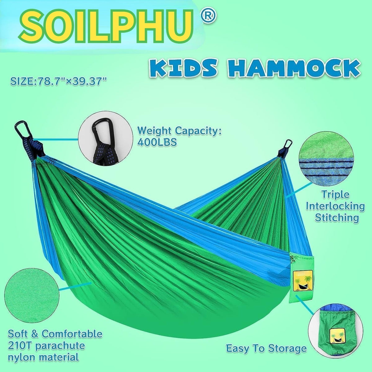 SOILPHU Kids Hammock - Kids Camping Gear, Camping Accessories with 2 Tree Straps and Carabiners for Indoor/Outdoor Use, Sapphire Blue & Grass Green Soilphu