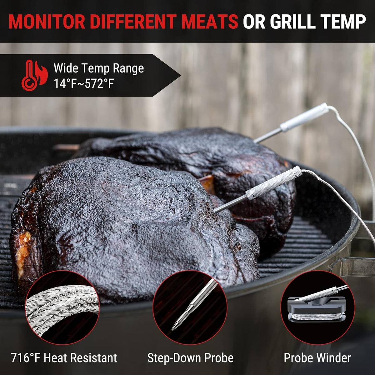 Wireless Meat Thermometer of 650FT for Smoker Oven, Bluetooth Grill Thermometer with Dual Probes, Smart Rechargeable BBQ thermometer for Cooking Turkey Fish Beef Soilphu