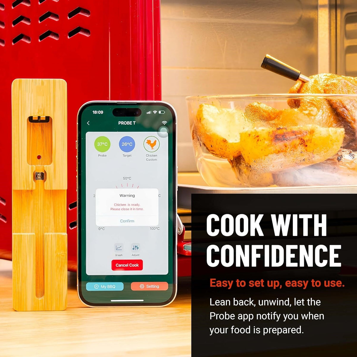 Smart Wireless Meat Thermometer - IPX7 Waterproof Ultra-Thin Probe | Bluetooth App-Controlled Digital Food Thermometer for BBQ Smoker, Kitchen Grilling Oven & Rotisserie with 165ft Range Soilphu