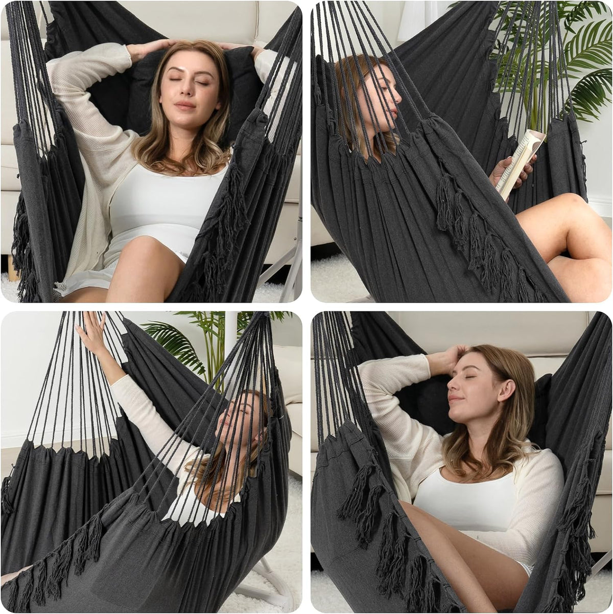 Hammock Chair Hanging Rope Swing, Max 500 Lbs, 2 Cushions Included, Large Macrame Hanging Chair with Pocket for Superior Comfort, with Hardware Kit, Soilphu