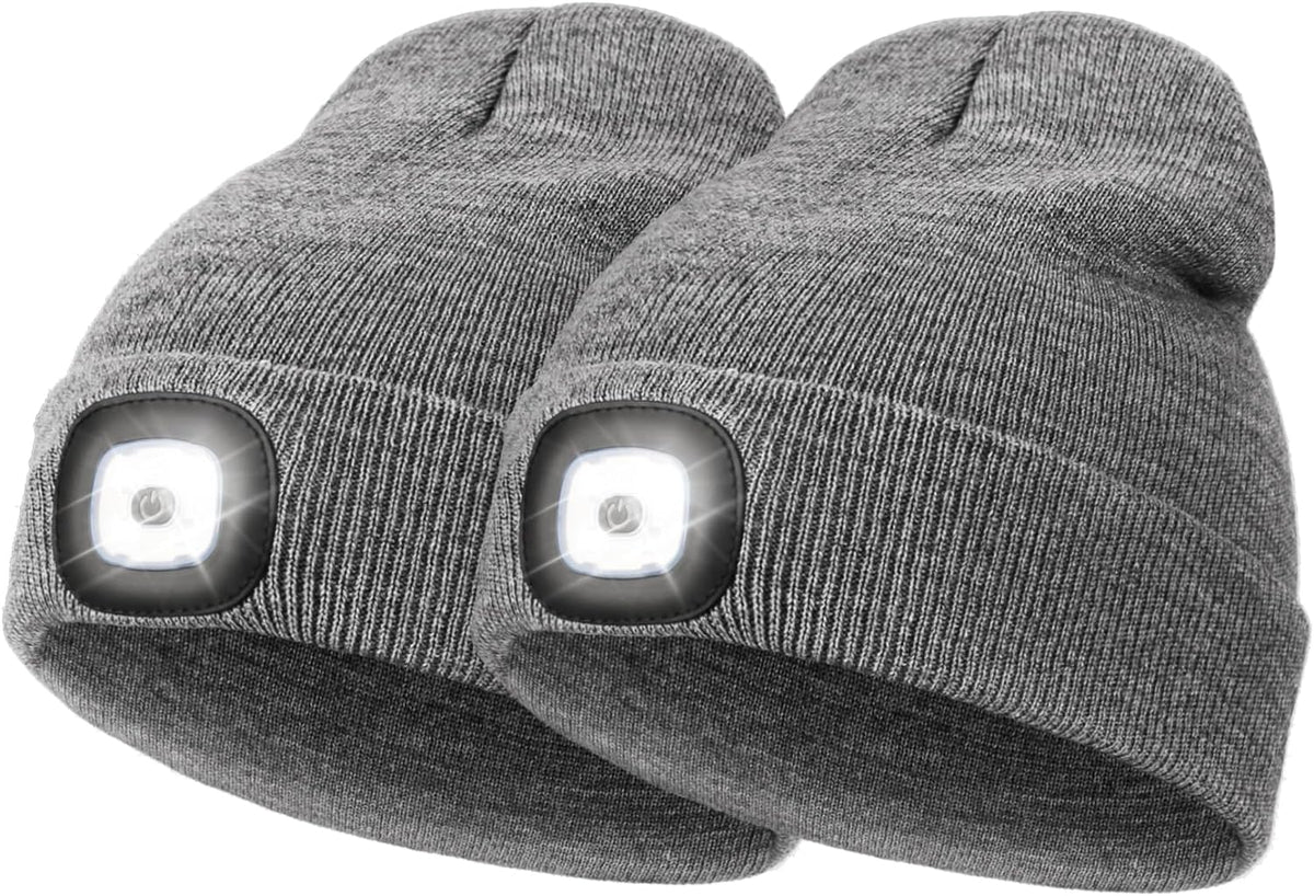 2 Pack LED Beanie with Light, Unisex USB Rechargeable Winter LED Headlamp Hat, Christmas Gifts for Men Husband Him Women Soilphu