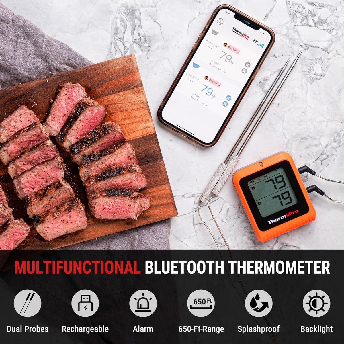 Wireless Meat Thermometer of 650FT for Smoker Oven, Bluetooth Grill Thermometer with Dual Probes, Smart Rechargeable BBQ thermometer for Cooking Turkey Fish Beef Soilphu