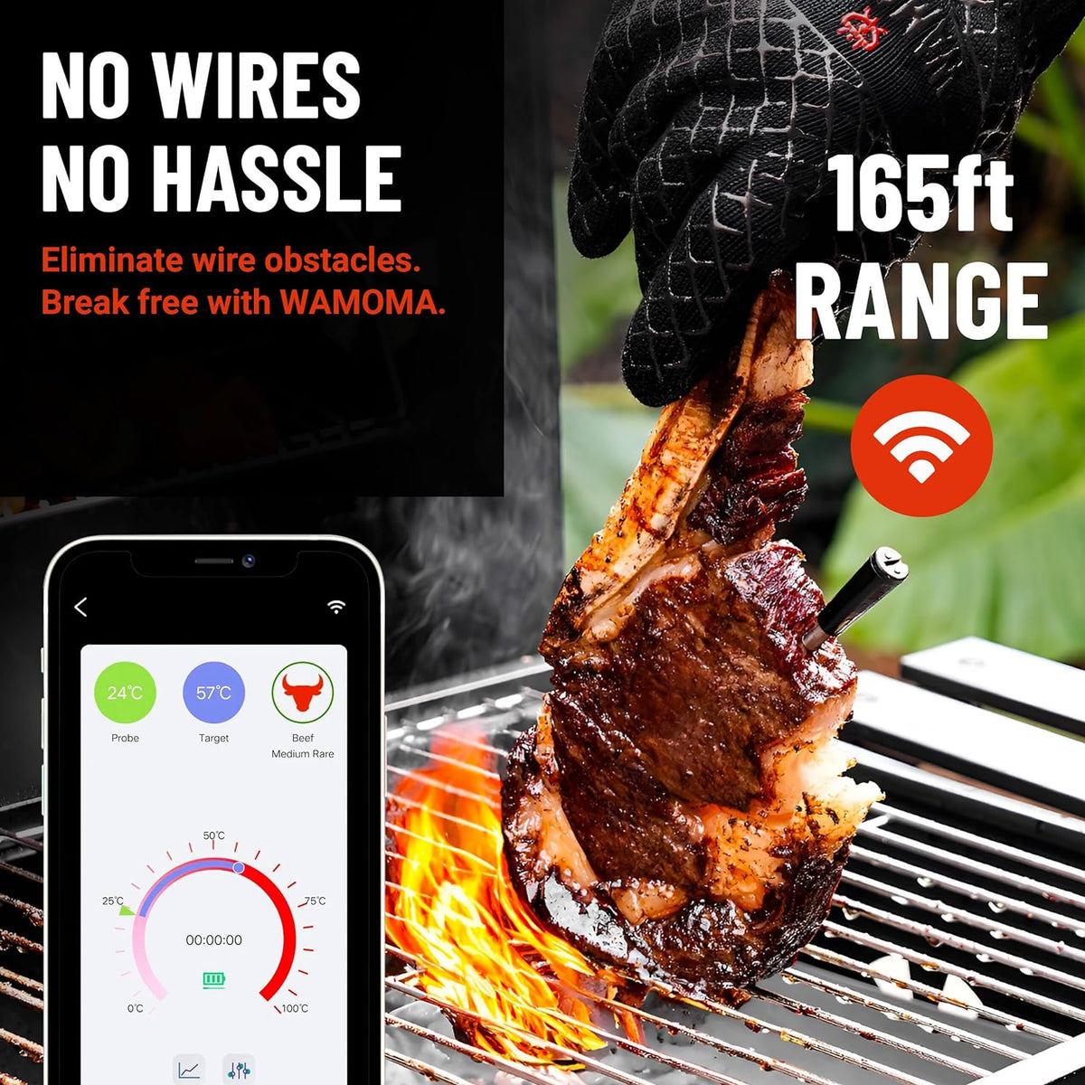 Smart Wireless Meat Thermometer - IPX7 Waterproof Ultra-Thin Probe | Bluetooth App-Controlled Digital Food Thermometer for BBQ Smoker, Kitchen Grilling Oven & Rotisserie with 165ft Range Soilphu