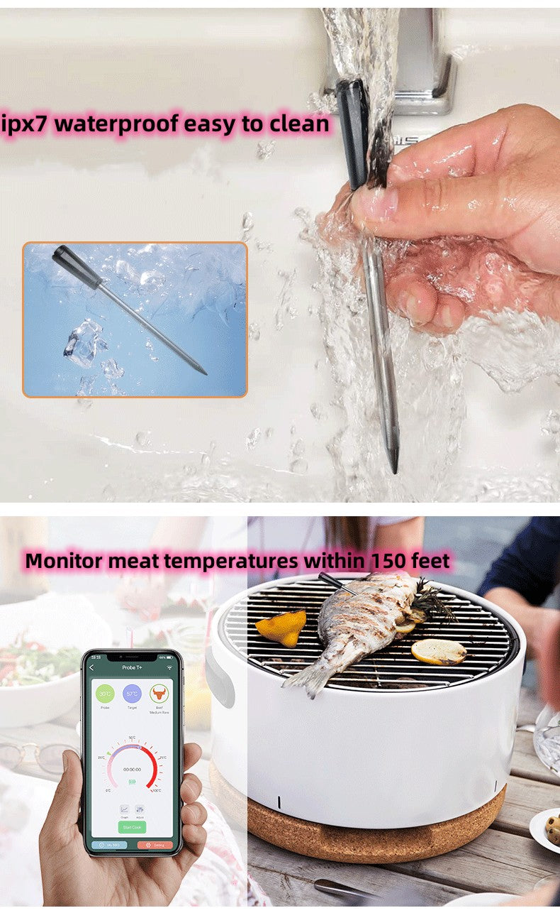 Smart Wireless Meat Thermometer - IPX7 Waterproof Ultra-Thin Probe | Bluetooth App-Controlled Digital Food Thermometer for BBQ Smoker, Kitchen Grilling Oven & Rotisserie with 165ft Range Soilphu