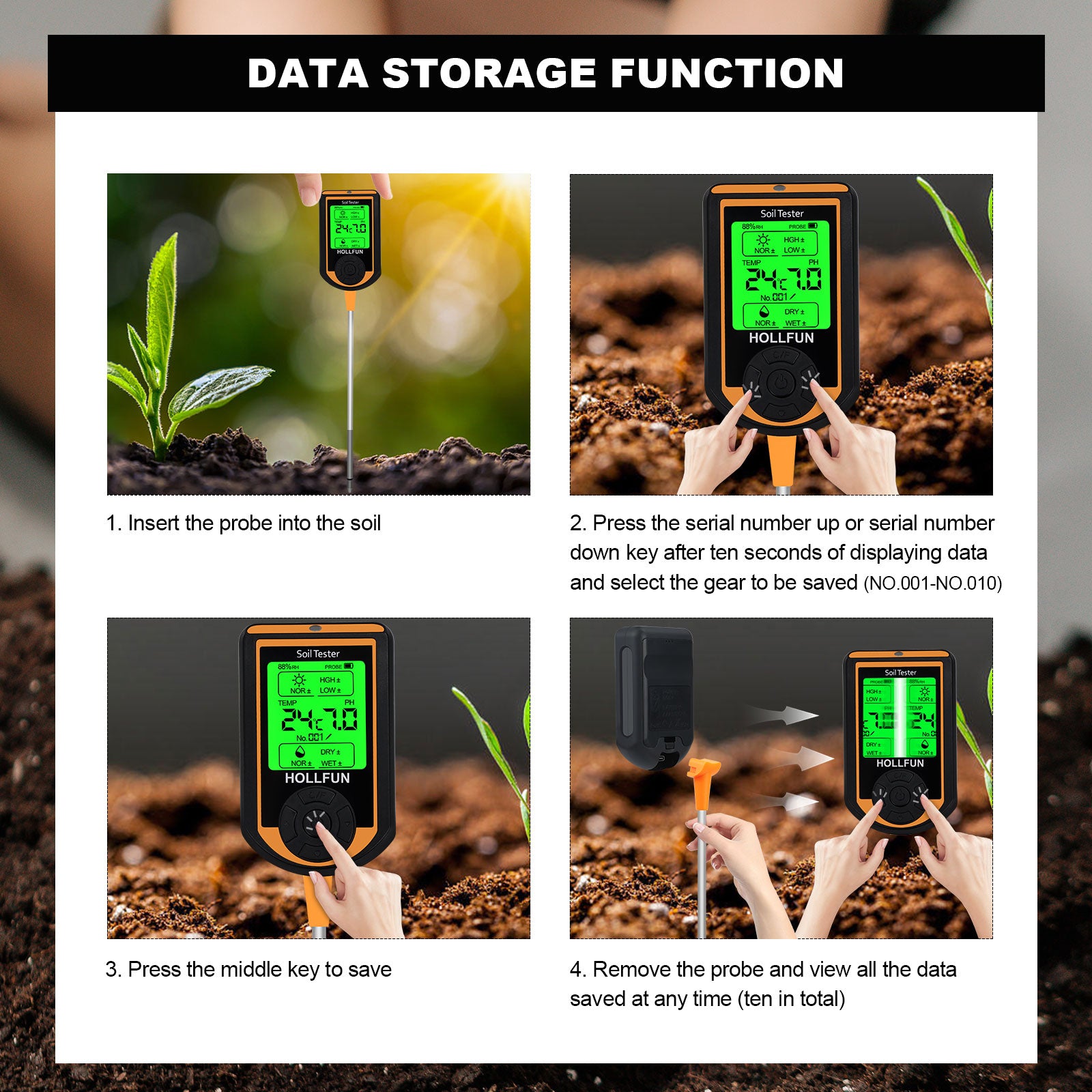 Soil tester data storage function