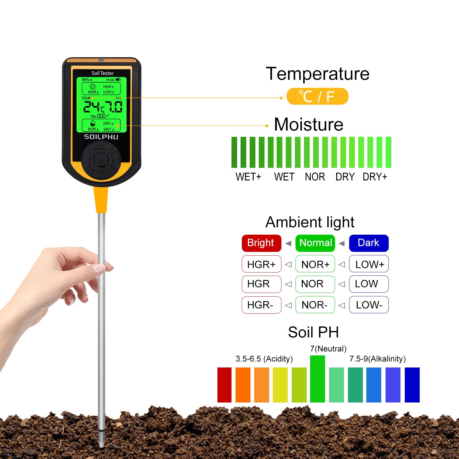 Soilphu 6-in-1 soil ph meter