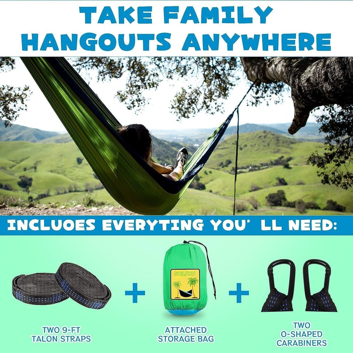 SOILPHU Kids Hammock - Kids Camping Gear, Camping Accessories with 2 Tree Straps and Carabiners for Indoor/Outdoor Use, Sapphire Blue & Grass Green Soilphu