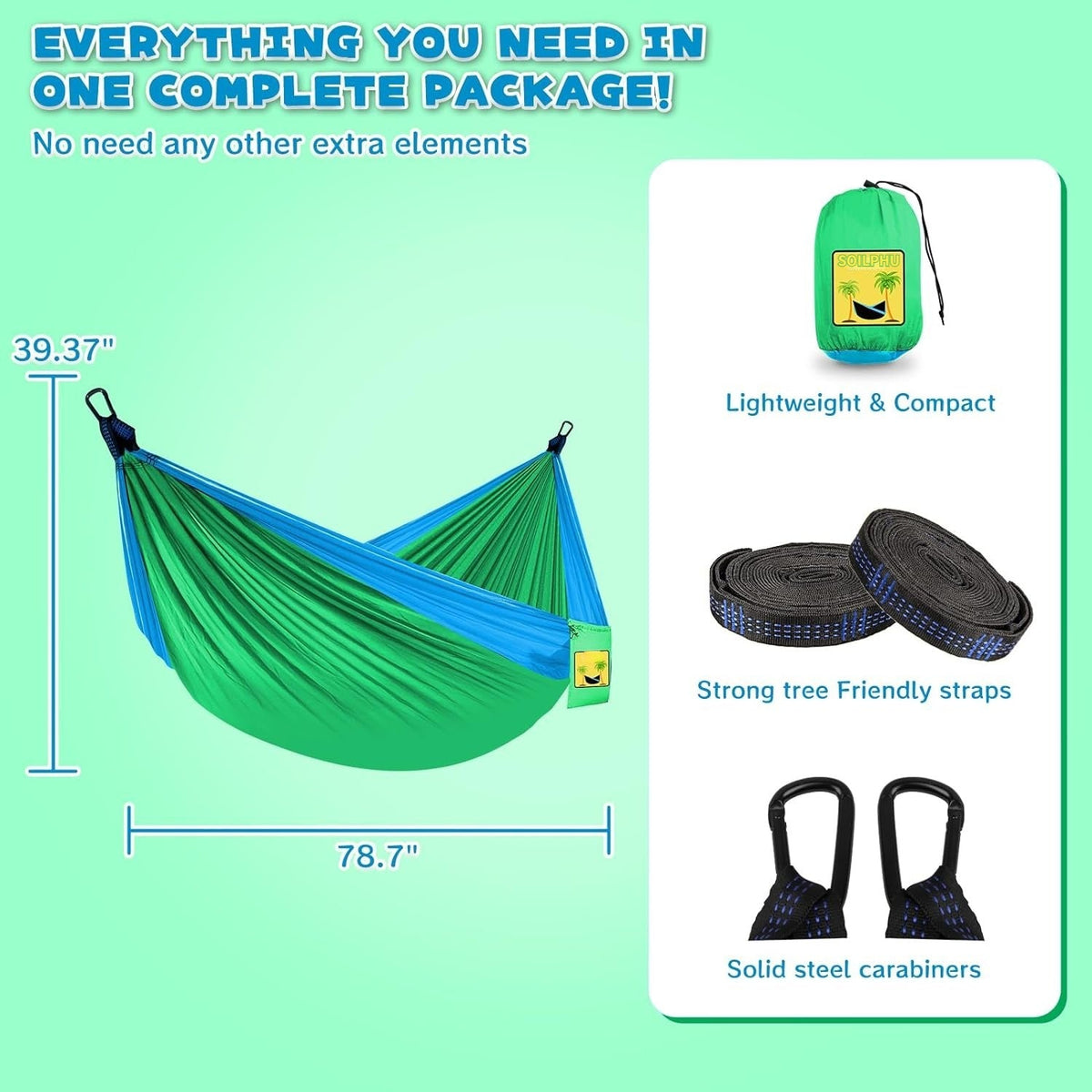 SOILPHU Kids Hammock - Kids Camping Gear, Camping Accessories with 2 Tree Straps and Carabiners for Indoor/Outdoor Use, Sapphire Blue & Grass Green Soilphu