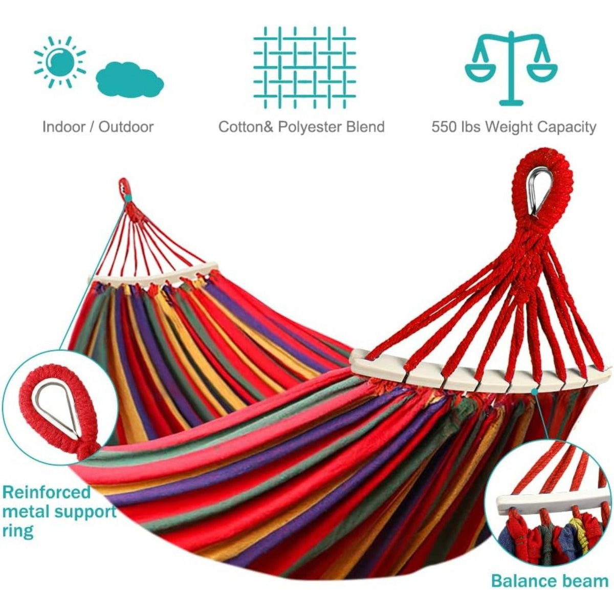 Camping Hammock 550lb Upgraded Thickened 320G Durable Canvas Fabric Single Hammocks with Two Anti Roll Balance Beam and Sturdy Metal Knot Tree Straps for Camping, Patio, Backyard, Outdoor Soilphu