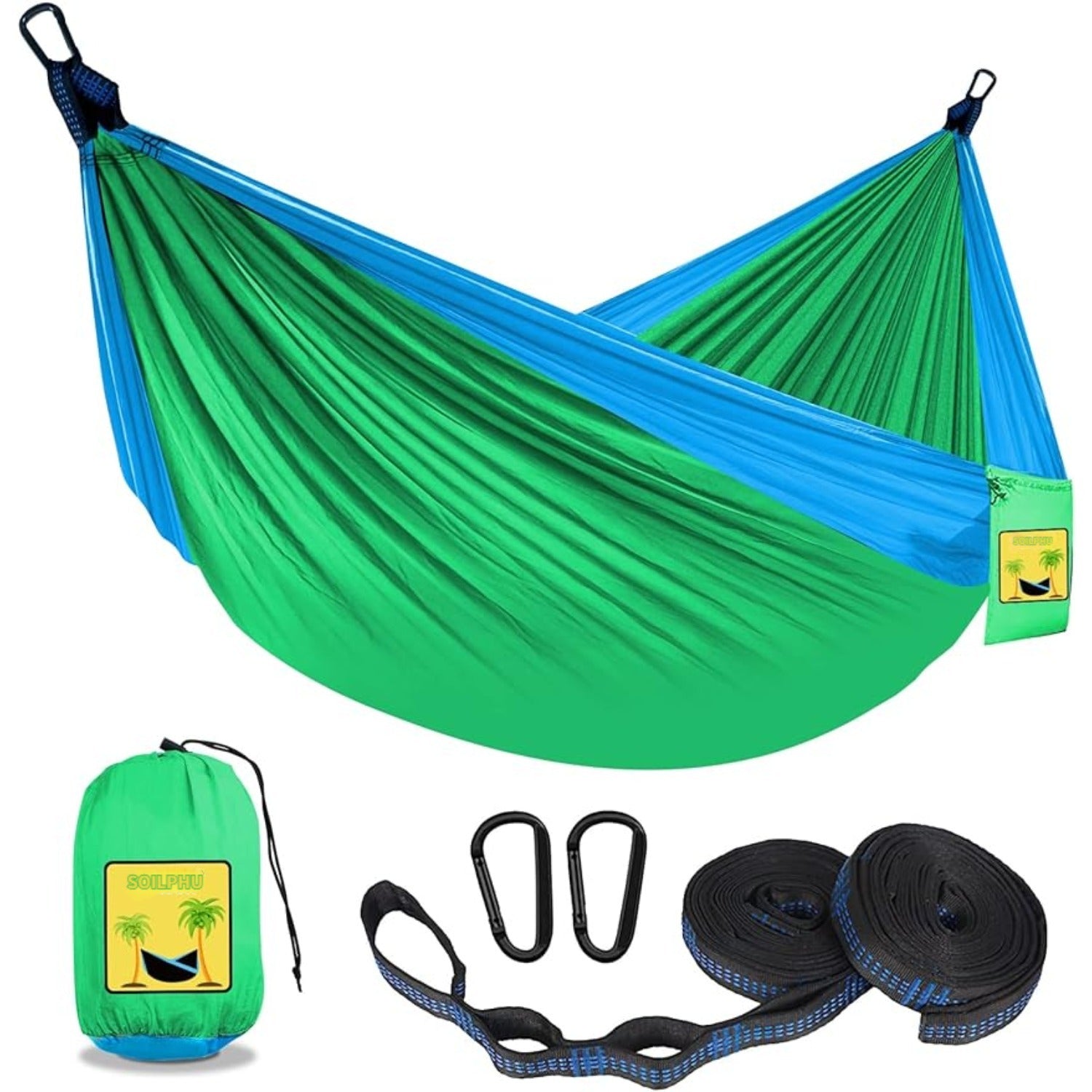 SOILPHU Kids Hammock - Kids Camping Gear, Camping Accessories with 2 Tree Straps and Carabiners for Indoor/Outdoor Use, Sapphire Blue & Grass Green Soilphu