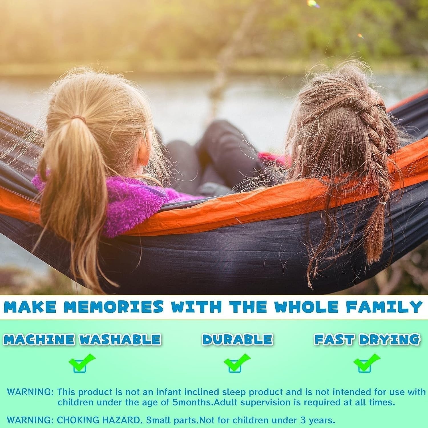 SOILPHU Kids Hammock - Kids Camping Gear, Camping Accessories with 2 Tree Straps and Carabiners for Indoor/Outdoor Use, Sapphire Blue & Grass Green Soilphu