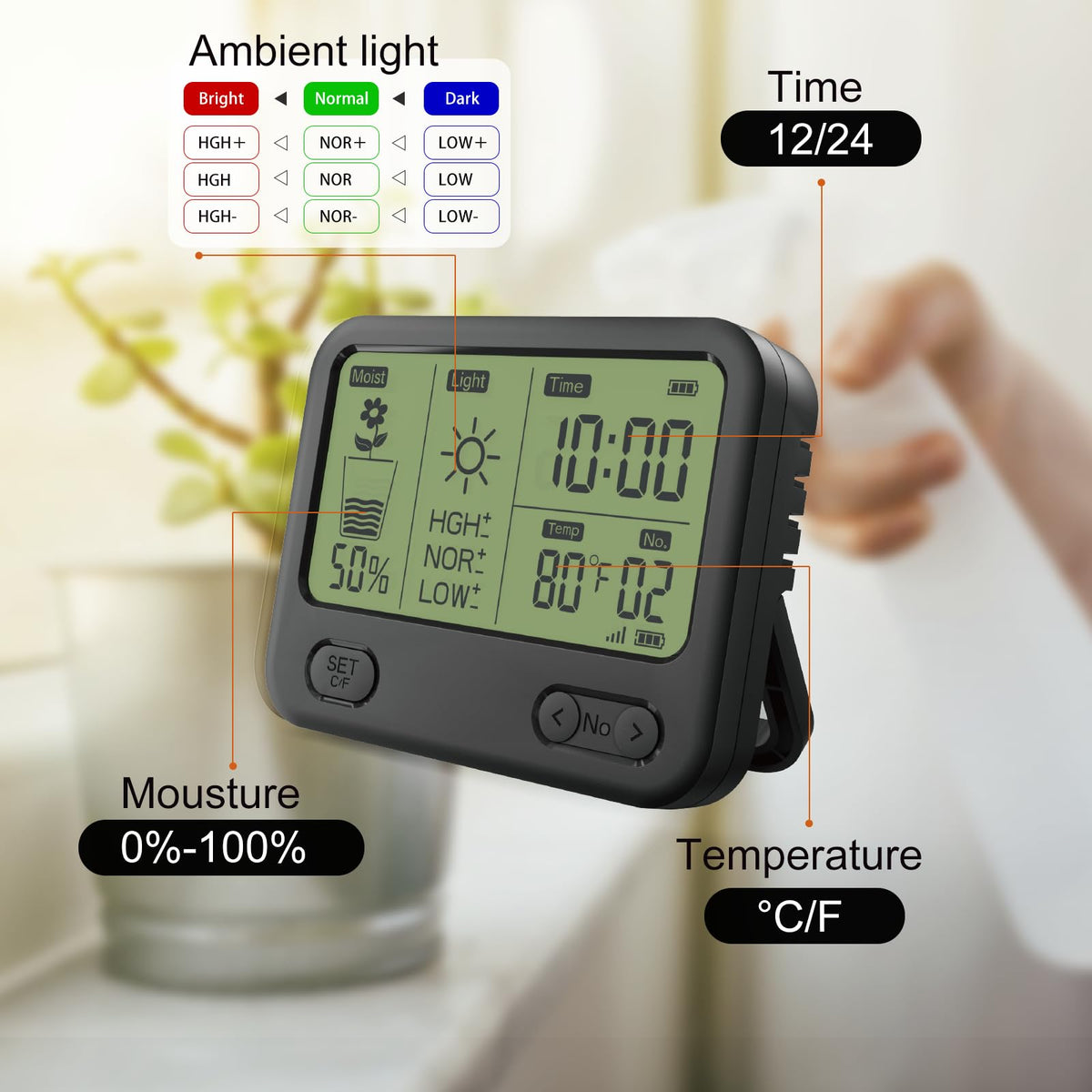 4-in-1 wireless soil moisture meter sensor,hygrometer,water tester,Digital LCD Display,light/thermometer test kit Soilphu