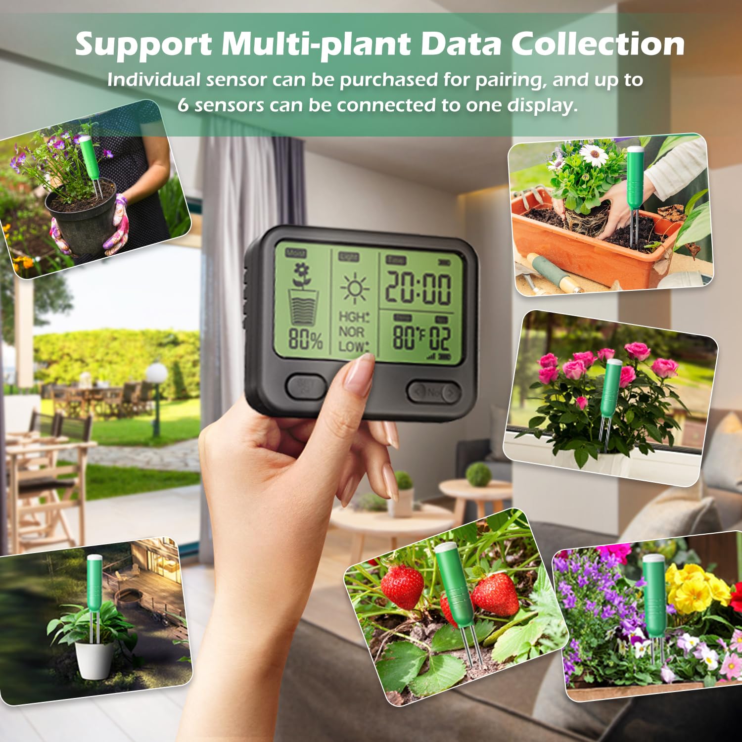 4-in-1 wireless soil moisture meter sensor,hygrometer,water tester,Digital LCD Display,light/thermometer test kit