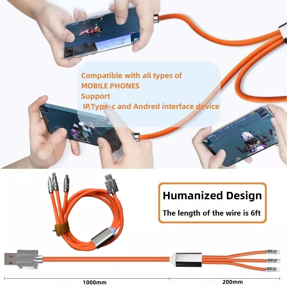 3 in 1 Super Charge Max.120W, LED Working Light, Linear Type 6ft Thick Silicone Orange Soilphu