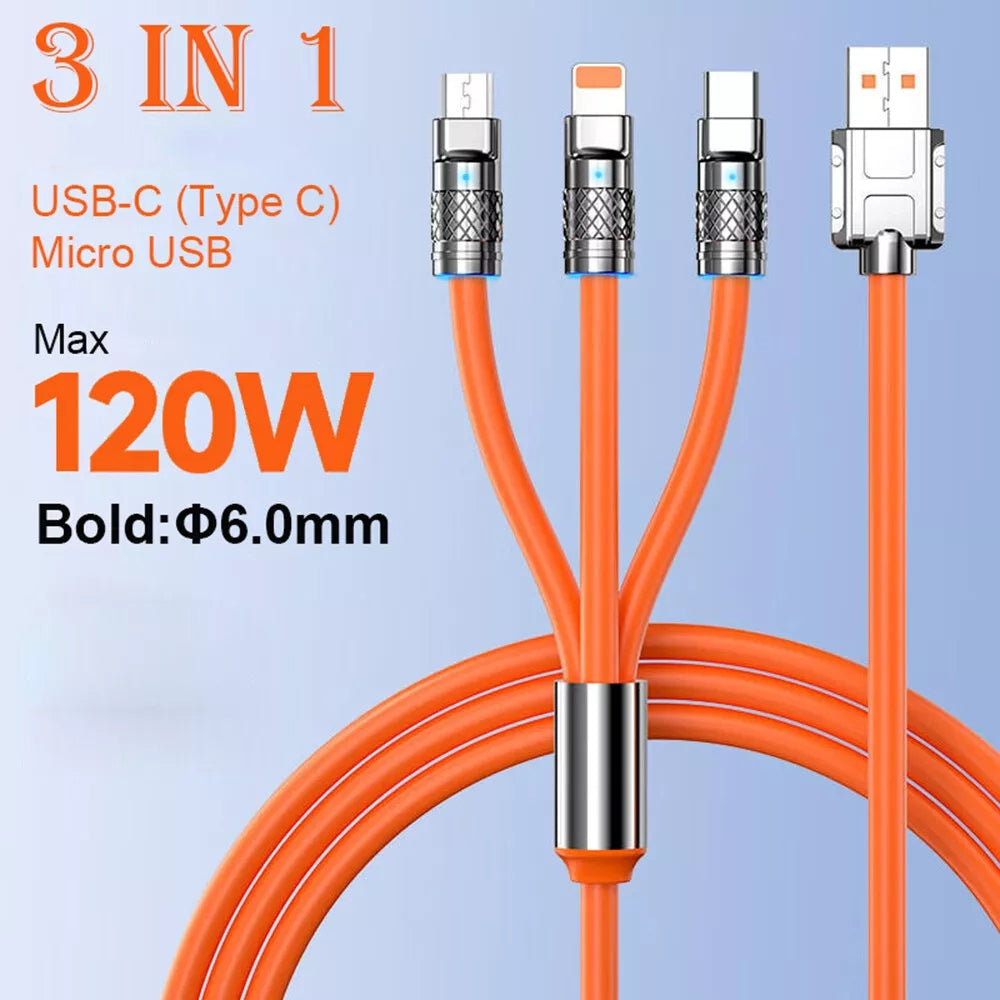 3 in 1 Super Charge Max.120W, LED Working Light, Linear Type 6ft Thick Silicone Orange
