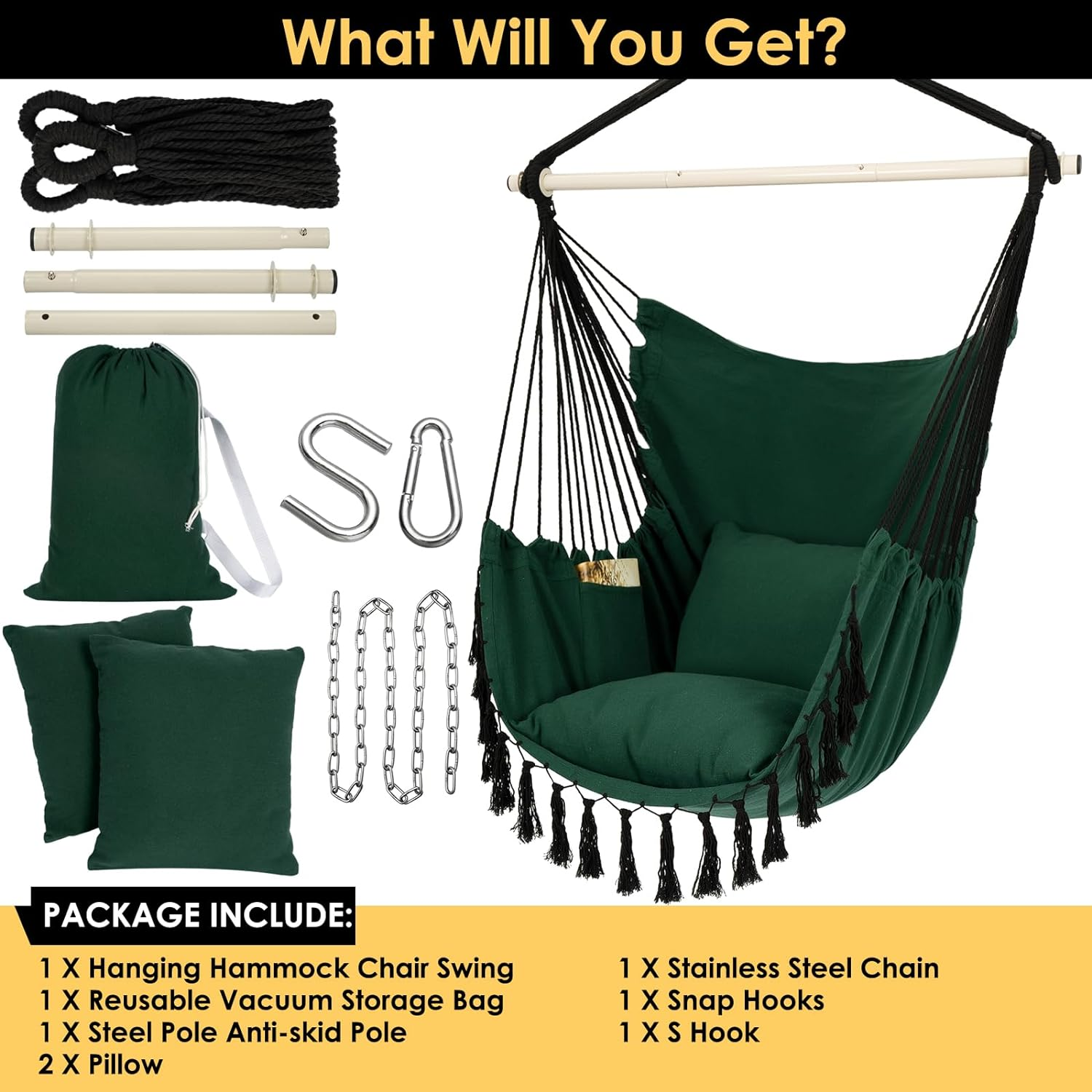 Hammock Chair Hanging Rope Swing, Max 500 Lbs, 2 Cushions Included, Large Macrame Hanging Chair with Pocket for Superior Comfort, with Hardware Kit,