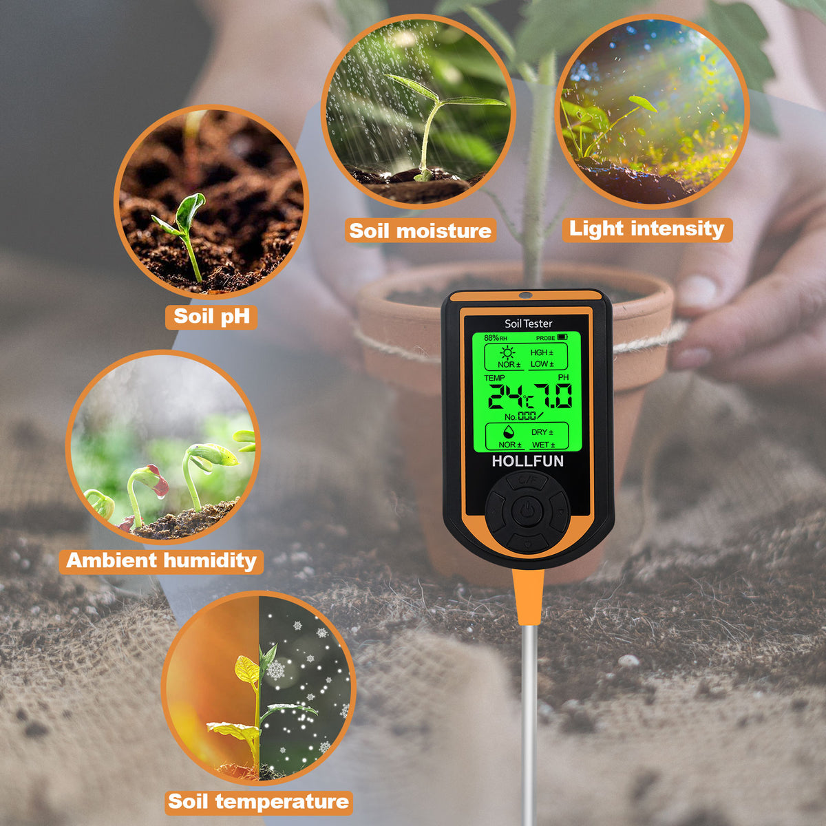 Soilphu digital 6 in 1 soil meter, soil pH test kit with data storage