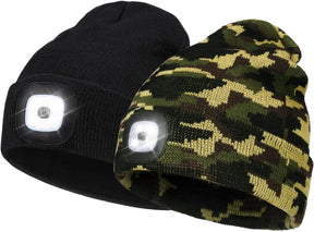2 Pack LED Beanie with Light, Unisex USB Rechargeable Winter LED Headlamp Hat, Christmas Gifts for Men Husband Him Women